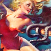 binz: a classic pin-up woman is swimming underwater. a strap on her bathing suit is torn. she is being menaced by an octopus. ([ drawn ] dangers of the deep)