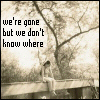 genarti: Sepia-toned bridge & trees & figure sitting on bridge looking down, with text "we're gone but we don't know where." ([misc] and we don't know where)