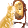 genarti: Marmalade cat looking in mirror, image of a lion staring back. ([misc] mirror mirror tell me true)