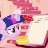 metatxt: twilight sparkle using her magic glowy unicorn horn to write magically, floating quill to paper (mlp: flow)