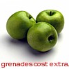 mel: three green apples with text "grenades cost extra" (grenades cost extra)