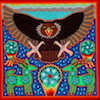nierika: A nierika rendering of a hawk reaching to the viewer with its claws; rainbow animals and swirls make up the rest (nierika)
