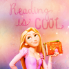 sweet_sparrow: Picture of Rapunzel (Tangled) holding a book with the text 'Reading is cool'. (P: Reading)