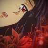 anaraine: A crop of Kikyou's face framed by red spider lilies. ([inuyasha] tragic priestess)