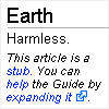 erika: Fake wikipedia stub article with "Earth:  harmless." on it. (quotes: h2g2: earth--harmless)