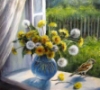 cledon: Yellow and white dandelions in vase on windowsill (Dandelions)