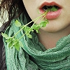 tea: green plant in a girl's pink lips (leaves in mouth)