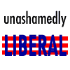 trinker: unashamedly liberal - liberal in bright blue letters over red and white stripes, evoking U.S. flag (unashamedly liberal)