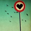 revolutions: Road sign showing a black heart, against a blue/greenish sky with birds in flight. (heart sign)