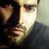 okami_no_mure: Close up of Derek looking slightly down and off-screen, eyes glowing red. (Derek)