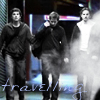enigel: Traveler: Jay, Will and Tyler, text 'travelling' (Traveler OT3 on the run)