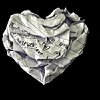 wintergrey: Lined paper, marked with handwriting, crumpled into the shape of a heart. (The secret identity of my writing.)
