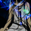 charcoalfeathers: A girl sits in a nightgown among glowing lights and darkness, wrapped in cables, looking down (deephack)