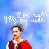 tai: Gwen (BBC Merlin) looking determined in a red cloak against a blue sky with "you'll be right by my side" in text above (right by my side)
