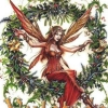 tricksters_queen: Yule fairy in a red dress, sitting inside of a green Yule wreath. (Yule)