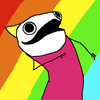 0jack: Primitive webcomic depiction of a wide-eyed girl in a pink dress against a rainbow backdrop. She looks ecstatic. (JOY.)