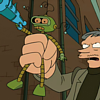 mel: futurama - a guy holding a tiny robot holding a gun (there's no bus to jersey city)