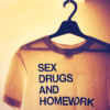 serial: A t-shirt reading, "Sex, drugs, and homework." (Sex Drugs and Homework.)