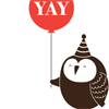 tamarillow: Owl holding a balloon which has the text 'yay' on it (yay owl)
