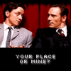 beren_writes: Erik and Charles in the strip joint looking at each other (xmfc - your place or mine)