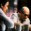 china_shop: Slightly cartoony pic of Neal and Mozzie sitting at Neal&#39;s table with coffee cups (WC - Neal/Moz comic)