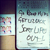 gavagai: Words scribbled on a whiteboard: "Go round Mum's; Get Liz back; Sort life out!" (to-do list)