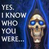 thnidu: Discworld Death. Text: YES, I KNOW WHO YOU WERE... (DEATH)