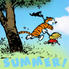 sixbeforelunch: calvin and hobbes running off toward adventure, text reads "summer!" (calvin and hobbes - summer!)