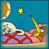 trixieleitz: cartoon kiwi under a blanket and a cat, in a satellite dish (goodnight kiwi)