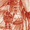 wee_mad_arthur: Sepia drawing of a very small City Watchman next to somebody's foot. (Watchman)