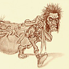 wee_mad_arthur: Sepia drawing of a shaggy haired tiny man dragging a dead rat somewhat larger than him (ratcatcher)