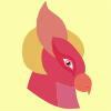 somariel: A red bird's head, with a short beak, light yellow and pale orange crests, and a doubled red marking around the eye (Zuko 2)