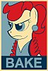 frith: Glowering pony in an apron, "BAKE" in all caps (FIM Mrs Cake BAKE)