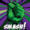 karzilla: a green fist above the word SMASH! (smash)