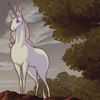 effingunicorns: a unicorn standing on a rocky outcropping with trees and the sky behind (and the pale moon is rising)
