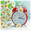 chalcopyrite: A pile of white and yellow daisies next to and on a bright red old-fashioned alarm clock (rise and shine)