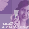 aedifica: Purple-tinted picture of a woman holding a menstrual cup with the words "Finally, a better way!" (Cup)
