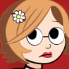 miasnape: cartoon picture of a white woman with light brown hair and glasses with a red background (scott pilgrim me)