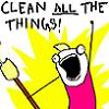 jamethiel: A cartoon figure brandishes a broom energetically in front of a yellow starburst. Text says "CLEAN ALL THE THINGS!" (CleanAllOfTheThings!)