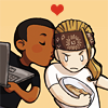 arduinna: chibi art of Hardison smooching grumpy Eliot on the cheek (Eliot/Hardison)