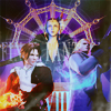 anaraine: Seifer and Squall before Edea with the faded text of "Final Fantasy VIII". ([ff8] sorceress and knights)