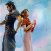 anaraine: Aeris and Zack standing back to back in the company of clouds and a blue sky. ([ff7] stronger than hope)