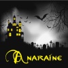 anaraine: A tall house lit by yellow light, white mist in the adjacent graveyard with "Anaraine" written in yellow letters. ([default] haunted house)