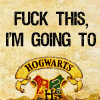 ninamazing: "FUCK THIS, I'M GOING TO HOGWARTS" in big black letters over an image of the Hogwarts crest from the Harry Potter books. (fuck this i'm going to hogwarts)