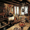 lireavue: A large, older-looking kitchen/dining area, full of clutter and food. (kitchen witching)