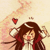 spindizzy: Alice waving her arms with a love heart over her head. (Yay!)
