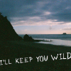 avia: Text: "I'll keep you wild", on mountains at sunset. (keep you wild)