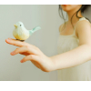 avia: A girl holding a littletoy bird on her fingers. (holding bird)