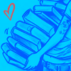thatlitgirl: A blue line drawing of arms tottering under the weight of a stack of thick books, with a red heart shape beside. (Gen: books &hearts;)