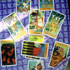 tarotstudies: A spread with the Halloween Tarot cards laid on a cloth. ([spreads] Halloween Tarot spread)